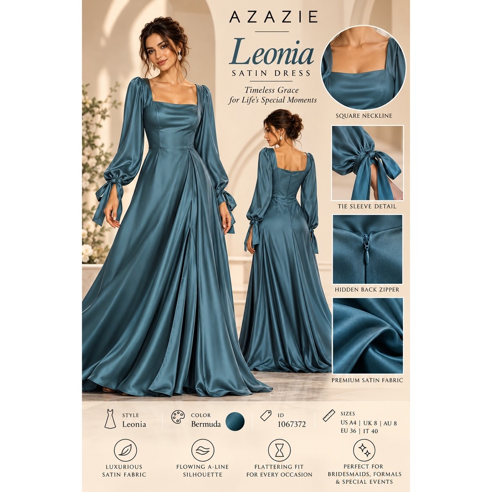 Azazie Leonia Satin Dress Bermuda Blue Teal A-Line Square Neck Maxi Gown US A4
